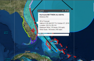NHC Forecast Track for Hurricane Matthew