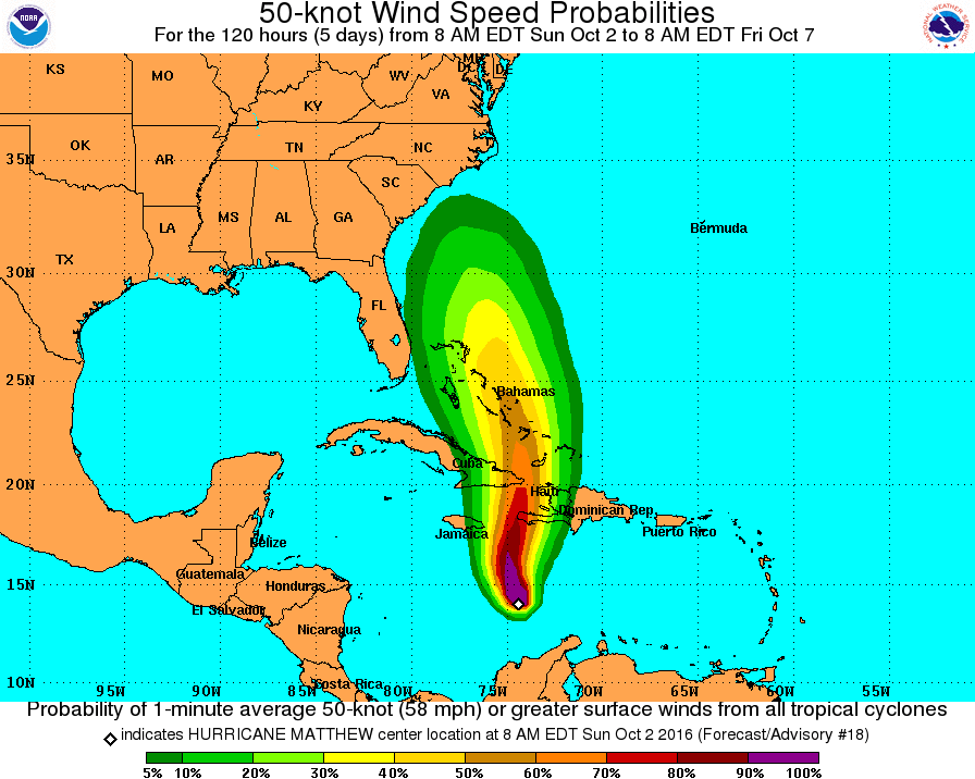 NOAA NHC Risk for encountering at least 50 knot winds.