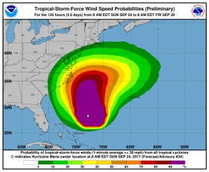 NOAA NHC Forecast Risk for Tropical Storm force winds. 
