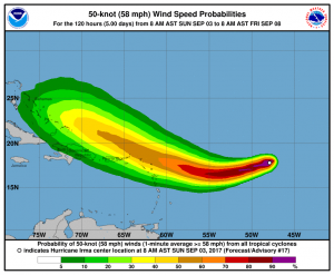 NOAA NHC forecast risk for encountering at least 50 knots or higher winds