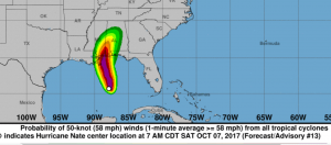 NOAA NHC forecast risk for 50 knot (58 mph) or higher winds