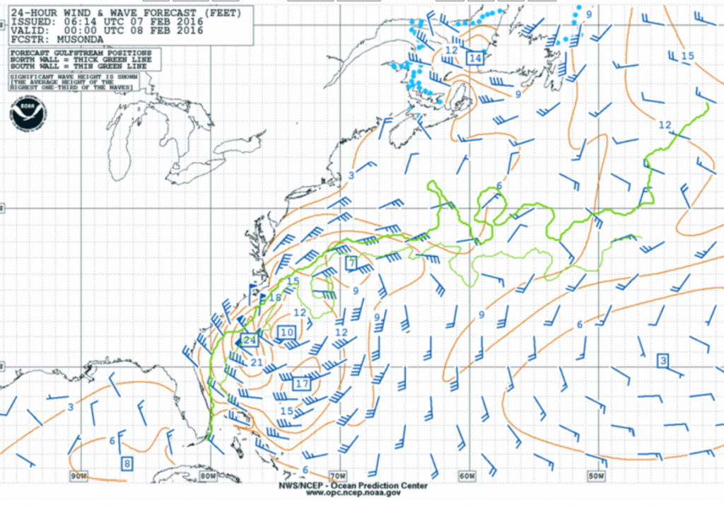 NOAA 24hr wind wave forecast for 00Z 8 Feb 2016