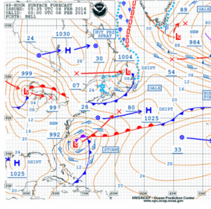 noaa 48hr sfc forecast for 00Z 8 Feb 2016