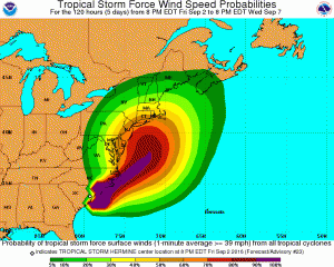 NHC Probability of encountering tropical storm force winds