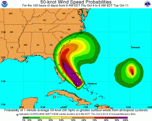 NHC Risk for damaging 50 knot (58mph) or higher wind speeds 