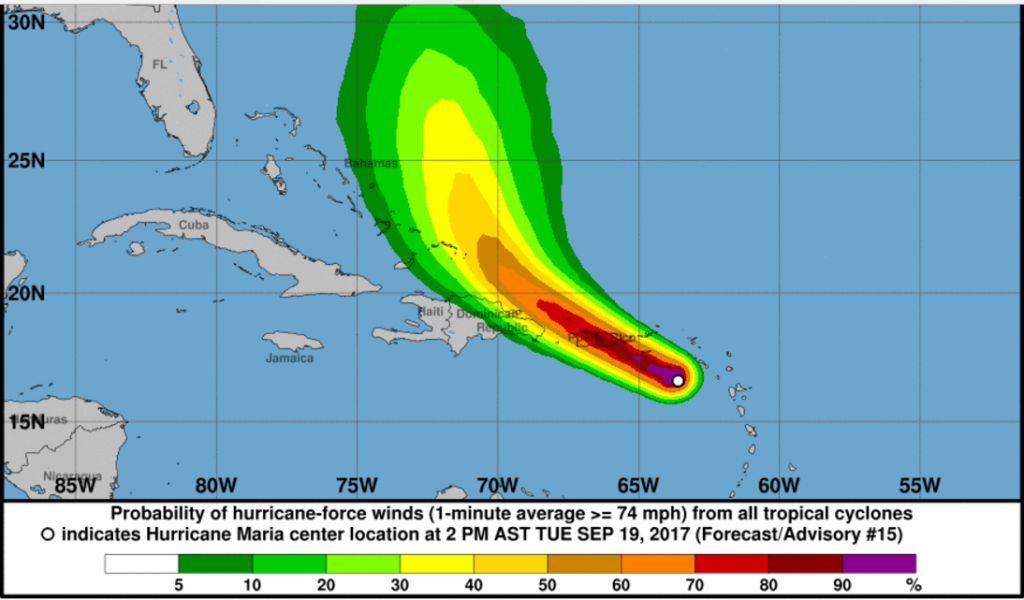 Risk for encountering sustained winds of hurricane force.