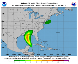 Risk for encountering 50kt (58mph) or higher wind